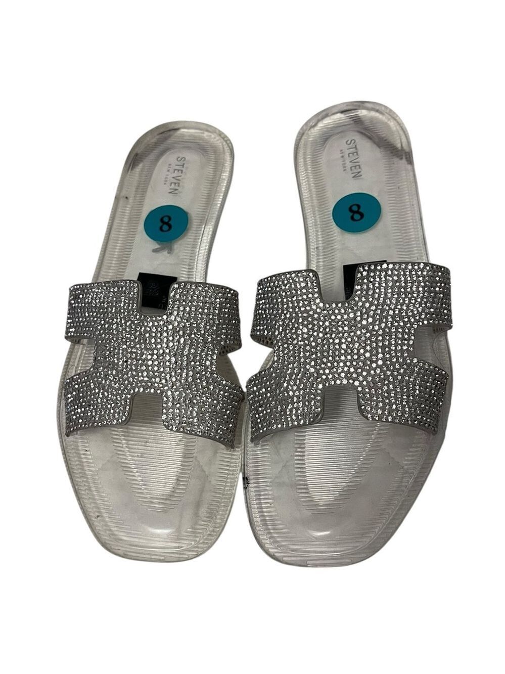 Steven New York by Steve Madden Crystal Embellished Silver Slide Sandals. Size 8